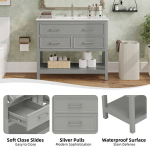 English Elm Christopher Knight Home® - 36" Modern Bathroom Vanity with Ceramic Sink, Tip-Out Tray, Soft-Close Drawers, Open Shelf, Waterproof Surface Gray N817P288908G