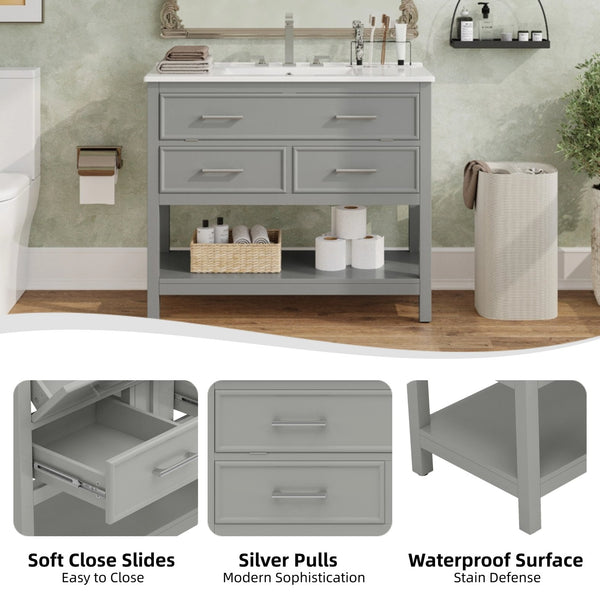English Elm Christopher Knight Home® - 36" Modern Bathroom Vanity with Ceramic Sink, Tip-Out Tray, Soft-Close Drawers, Open Shelf, Waterproof Surface Gray N817P288908G