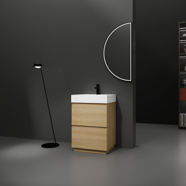 English Elm 24" Modern Bathroom Vanity with Single Undermount Sink, Engineered Wood, Waterproof Finish, 2 Drawers and Pre-Drilled Faucet Hole Oak W1972S00005