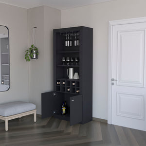 English Elm Clover Bar Cabinet with Wine Rack and Three Shelves, Tall Storage Cupboard with Doors for Entertaining Black 53.94 L x 33.86 W x 5.12 H B128P189932