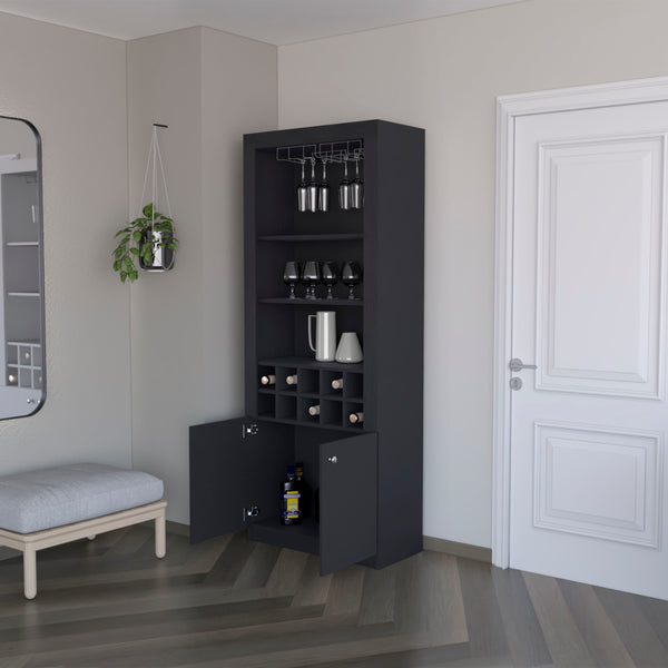 English Elm Clover Bar Cabinet with Wine Rack and Three Shelves, Tall Storage Cupboard with Doors for Entertaining Black 53.94 L x 33.86 W x 5.12 H B128P189932