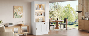 English Elm 83.4"tall Bookcase with Led Shelves Sliding Doors Open Storage Modern White N751S379858K
