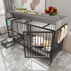 English Elm Large Iron Mdf Pet Enclosure with Storage Cabinet Rolling Casters and Steel Feeding Basins W3064P245385