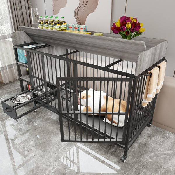 English Elm Large Iron Mdf Pet Enclosure with Storage Cabinet Rolling Casters and Steel Feeding Basins W3064P245385