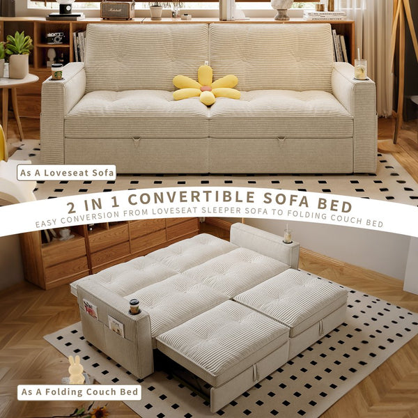 English Elm SOMNUS Convertible Sofa Bed with Corduroy Upholstery, Space-Saving 2-in-1 Design, Durable Steel Frame White W3820S00010