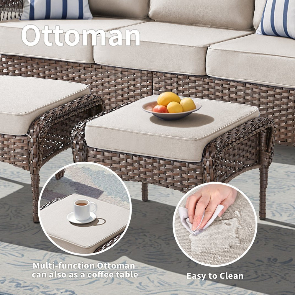 English Elm Outdoor Pe Wicker Patio Ottoman Set of 2 with Cushions for Deck or Backyard Beige T3773P418421
