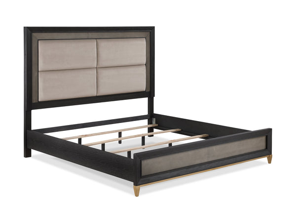 English Elm 1pc Elegant Queen Panel Bed Upholstered Headboard with Solid Wood Legs, Modern Luxe Bedroom Centerpiece Black,Brown,Gold 67.5 L x 48 W x 7 H B011S01220