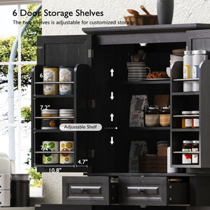 English Elm K&K 71" Tall Farmhouse Pantry Cabinet with Groove Edges, 3 Pull-Out Organizers, 6 Door Shelves Black N707P256507B