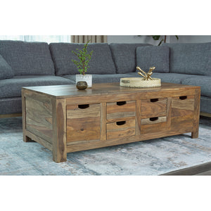 English Elm Salishan Sheesham 6-Drawer Coffee Table with Natural Grain, Warm Rustic Finish, Modern Cut-Out Handles and Ample Storage B062P331096