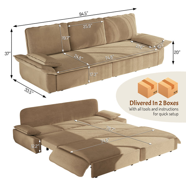 English Elm 94.5" King Convertible Sleeper Sofa Corduroy Upholstered Chaise Lounge Guest Room Bed Camel W1885S00309