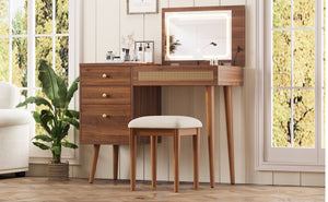 English Elm 39" Retro Bohemian Vanity Desk with Flip-Top Mirror & LED Lights, Rattan Drawers, 3-Drawer Storage, Walnut Finish N733P361800D