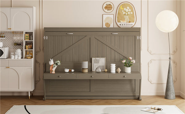 English Elm Queen Murphy Bed Cabinet with Vanity Desk Hydraulic Lift Mirror Distressed Finish Gray LP000766AAE-1