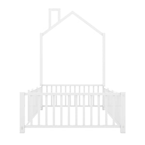 English Elm Twin House Metal Platform Bed with Guardrail & Chimney, White — Kids Playful Frame, Safe Sleep Design N709P203151K