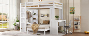 English Elm Queen Multifunctional Solid Wood Bunk Bed With Desk, Dismountable Twin Bed, Shelves & Wardrobe W1580S00214-GIGA