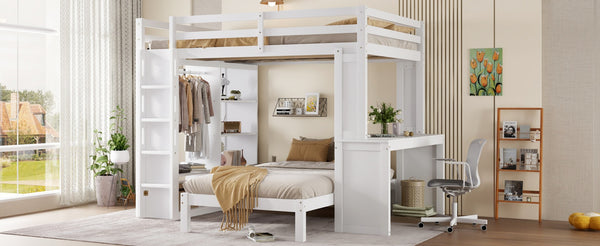 English Elm Queen Multifunctional Solid Wood Bunk Bed With Desk, Dismountable Twin Bed, Shelves & Wardrobe W1580S00214-GIGA
