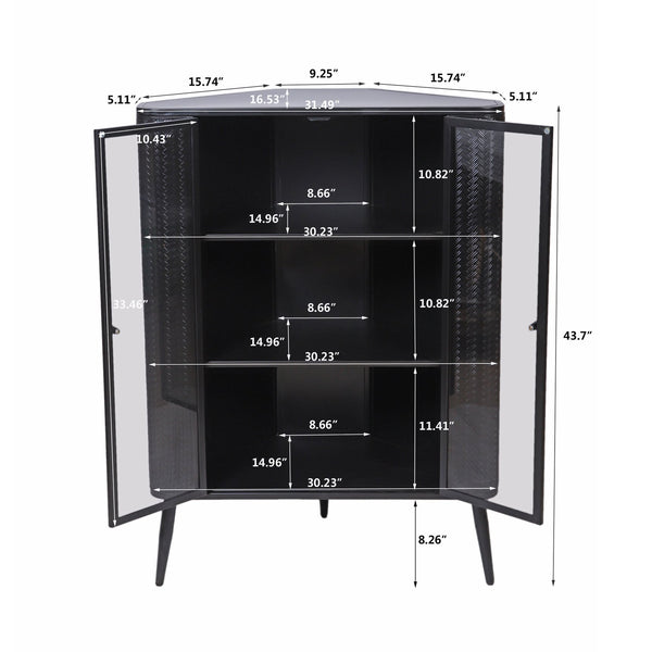 English Elm Modern 3-Tier Corner Storage Cabinet Antique Black Steel with Tempered Glass Doors, Space-Saving Organizer W3122P272936