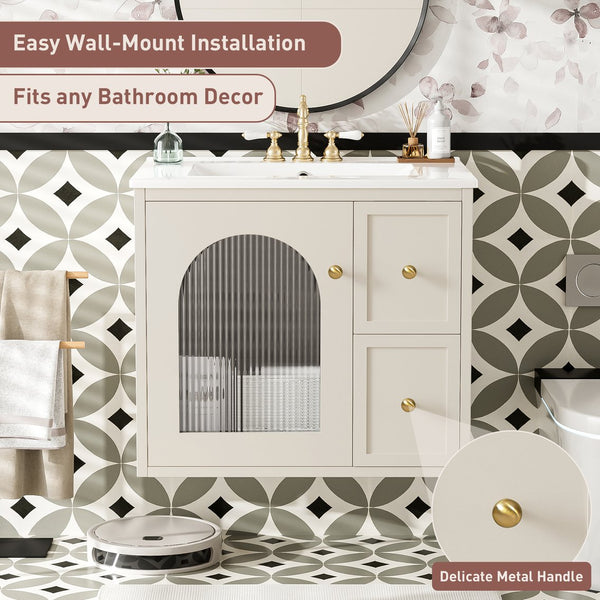 English Elm 24" Modern Wall-Mount Bathroom Vanity with Ceramic Sink, Glass Door Cabinet, 2 Drawers, Soft-Close Beige N710P286704Y