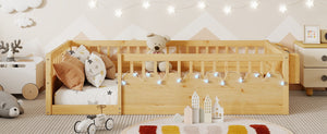 English Elm Twin Montessori Floor Bed Frame with High Rails and Built-In Light Shelf for Safe Independent Sleep Natural 79.13 L x 13 W x 6.3 H W2593P333571