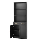 English Elm Bathroom Storage Cabinet, Cabinet With Two Doors and Drawers, Adjustable Shelf, Three-Layer Open Shelf, Mdf Board, Black