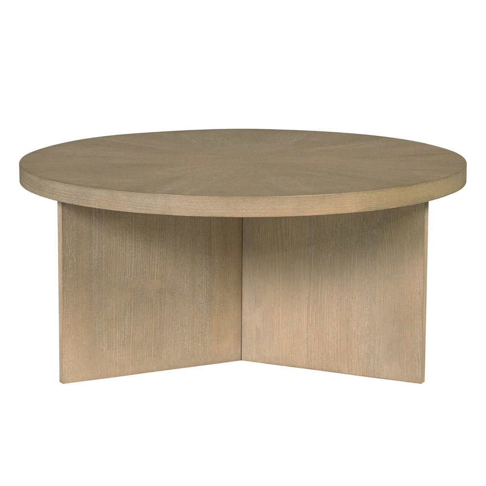JLA Home Martha Stewart - Round reclaimed greige wood coffee table with starburst veneer top, modern minimalist centerpiece MT120-0180