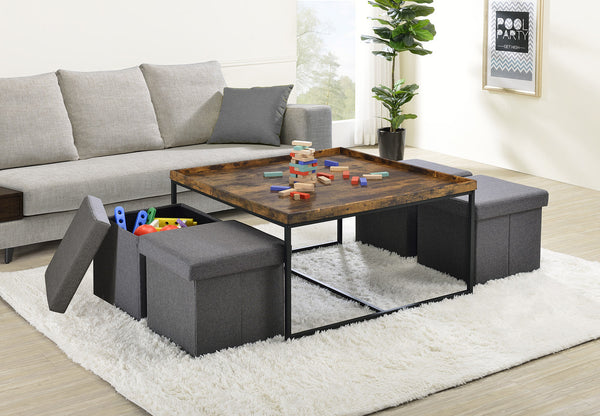 English Elm Vincenzo Square Coffee Table Set with Nesting Storage Stools and Industrial Metal Frame Brown Oak B2749P413285