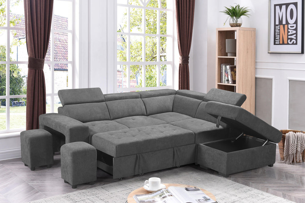 English Elm Remy Woven Fabric Sleeper Sectional with Pull-out Bed Storage Ottoman and Stools B2749S00185
