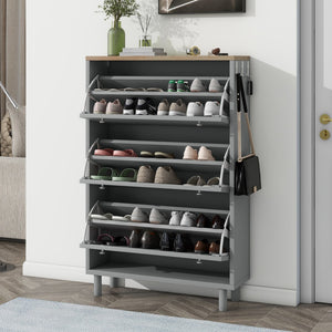 English Elm Narrow Design Tipping Bucket Shoe Cabinet With 3 Flip Drawers, Wood Grain Pattern Top Entryway Organizer With 3 Hooks, Free Standing Shoe Rack With Adjustable Panel For Hallway, Grey