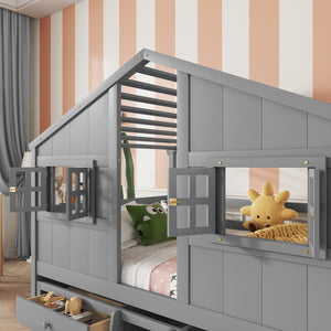 English Elm Full Size House Loft Bed With Roof & Windows, 4 Storage Drawers, Safe Pine Frame In Grey Finish W504S00241