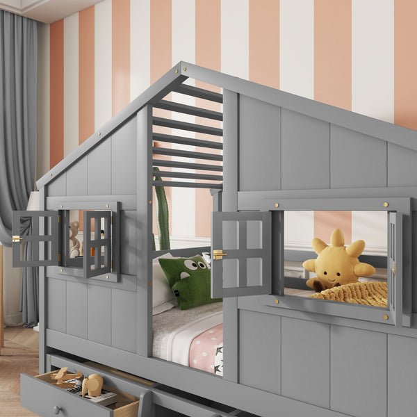 English Elm Full Size House Loft Bed With Roof & Windows, 4 Storage Drawers, Safe Pine Frame In Grey Finish W504S00241
