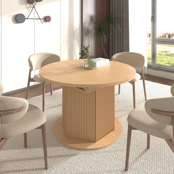 English Elm Round Adjustable Dining Table 47–63" for 4–6, Light Brown MDF & Rubberwood, Bump-Texture Base, 300lb Capacity W1347P296655