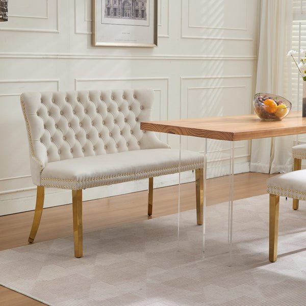 English Elm Velvet Double Dining Loveseat Bench - Elegant 2-Seat Tufted Velvet With Gold Legs, Mid-Century Modern Style W1143P362522-GIGA