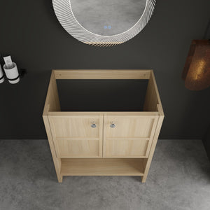 English Elm 30" Freestanding modern oak bathroom vanity with integrated basin, soft-close doors & open shelf storage, plywood construction W1972P268403
