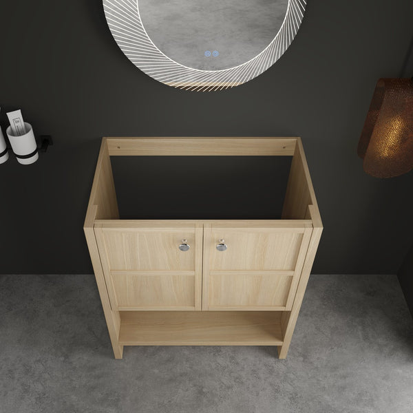 English Elm 30" Freestanding modern oak bathroom vanity with integrated basin, soft-close doors & open shelf storage, plywood construction W1972P268403