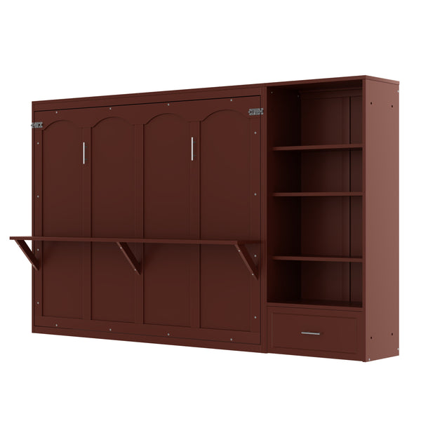 English Elm Queen Murphy Wall Bed with Folding Platform Side Cabinet Drawer and Adjustable Shelves Walnut N733S407545D