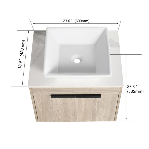 English Elm 36" Modern Floating Bathroom Vanity With Ceramic Sink, White Stone Slab, Soft-Close Doors & Storage W999S00287