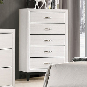 English Elm Contemporary Chic Chest with Gold Accents, Acrylic Trim, Metal Bracket Legs and Dust‑Proof Drawers White 34 L x 19 W x 50 H B2741P371021