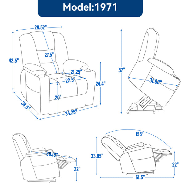 English Elm Emon's Overstuffed Chenille Power Lift Recliner with Massage Heat and Charging Ports Blue W1803S00064