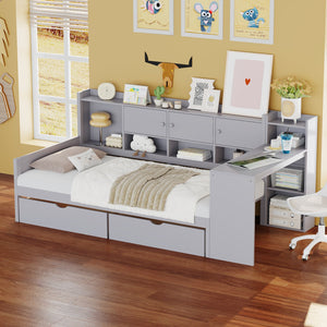 English Elm Twin L-Shape Daybed with Storage, 3 Cabinets & 2 Drawers, Built-In Desk Bookshelf, Gray Twin N733S247070E
