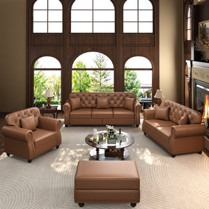 English Elm Upholstered Faux Leather Chesterfield Sofa Button Tufted with Nailhead and Six Pillows Brown W1885S00433