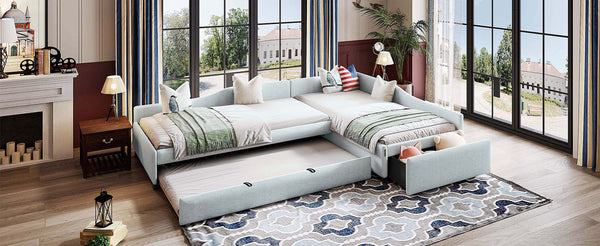 English Elm Upholstered Twin Daybed with Pull Out Trundle Linen Blend Sofa Style Studio Bed GX001316AAA