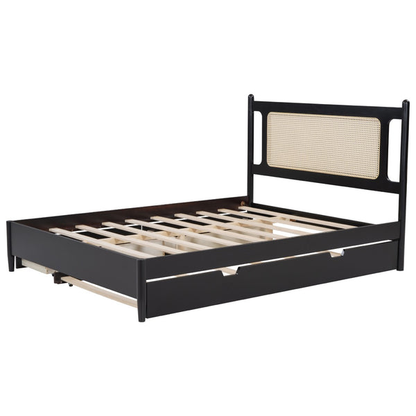 English Elm Queen Size Wooden Rattan Platform Bed With Spacious Storage Drawers & Twin Trundle In Espresso Finish N820S00002P-GIGA