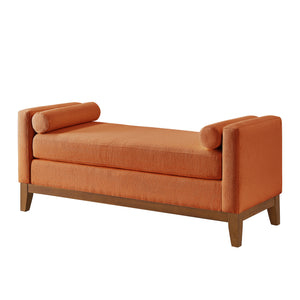 English Elm Large Boucle Upholstered Window Bench with Armrests and Throw Pillows for Entryway Orange W2186P454319