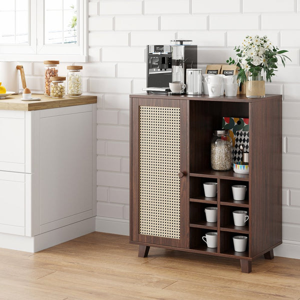 English Elm Rattan Cane Front Sideboard with Drawers Adjustable Shelf Bohemian Storage Cabinet Walnut T3623P434765