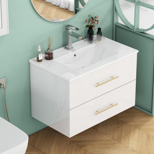 English Elm 30-Inch Sleek Wall-Mounted Bathroom Vanity With Integrated Sink, Double Drawers & Easy Installation W3151S00053