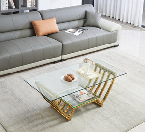 English Elm 47" Modern Rectangle Coffee Table With Double-Layer Glass Shelves, Stylish Gold Frame & Storage Solution W2978S00013