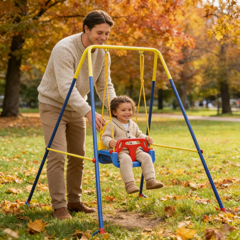 English Elm Folding A-frame Kids Swing Set with 3-in-1 Seat Powder-coated Steel Backyard Play T3971P481650