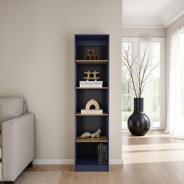 English Elm Bookcase Tall 71.1" H 5-Shelf Alby Blue & Natural Oak – Slim Vertical Storage, Modern Home Office Organize B097P395897