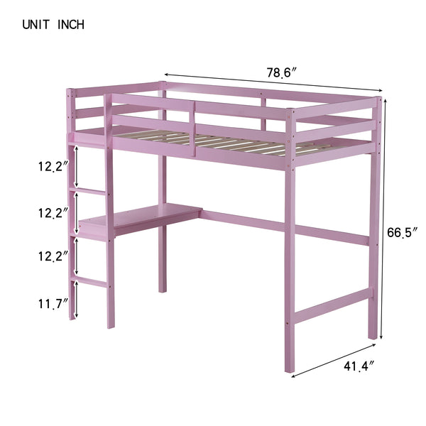 English Elm Twin High Loft Bed with Built-In Desk and Ladder — Space-Saving Rubberwood Study & Sleep Solution Pink W504P206981