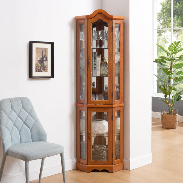 English Elm Lighted Corner Curio Cabinet With Adjustable Shelves & Tempered Glass - Elegant Oak Display Piece W1758P300132