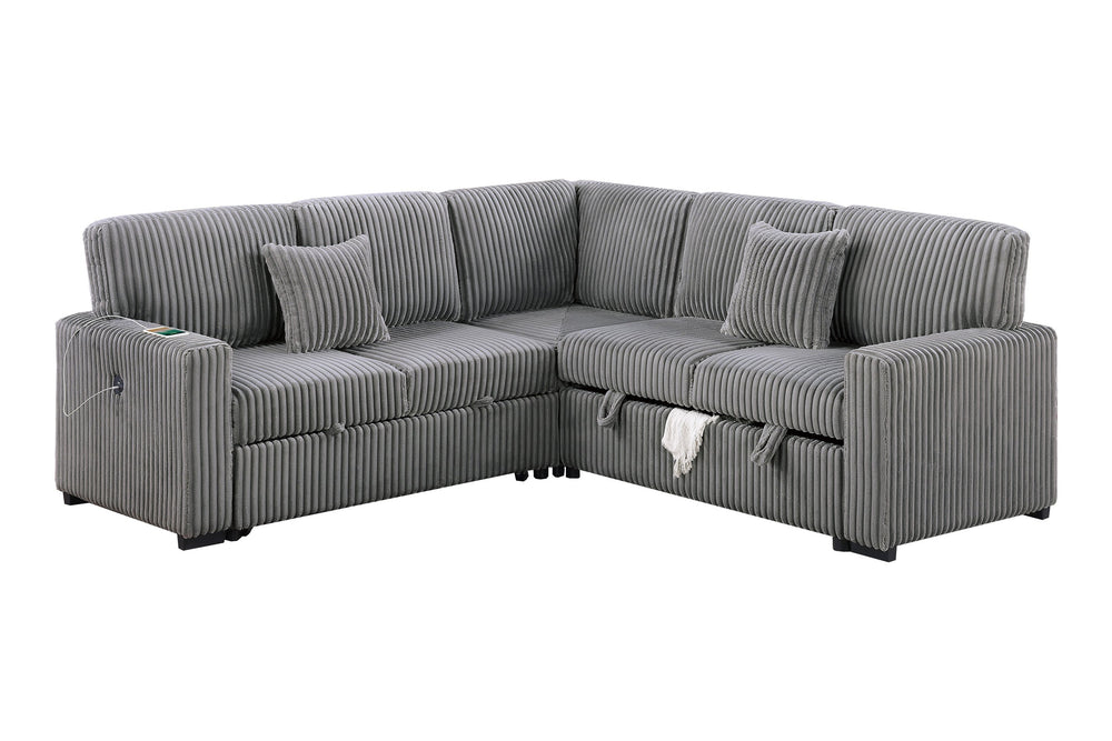 English Elm Modern Corduroy Three Piece Sectional Sofa with Storage Pull Out Bed and Usb Charging B011S02171